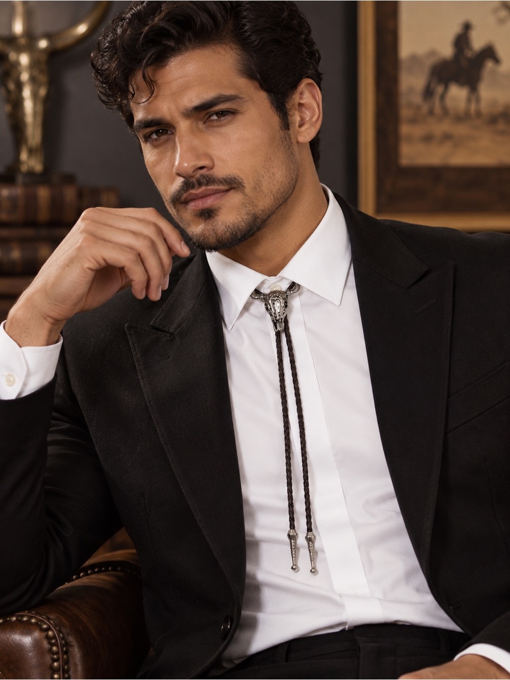 🆕 Men’s Western Bull Skull Bolo Tie Black Braided Cord Silver Tone